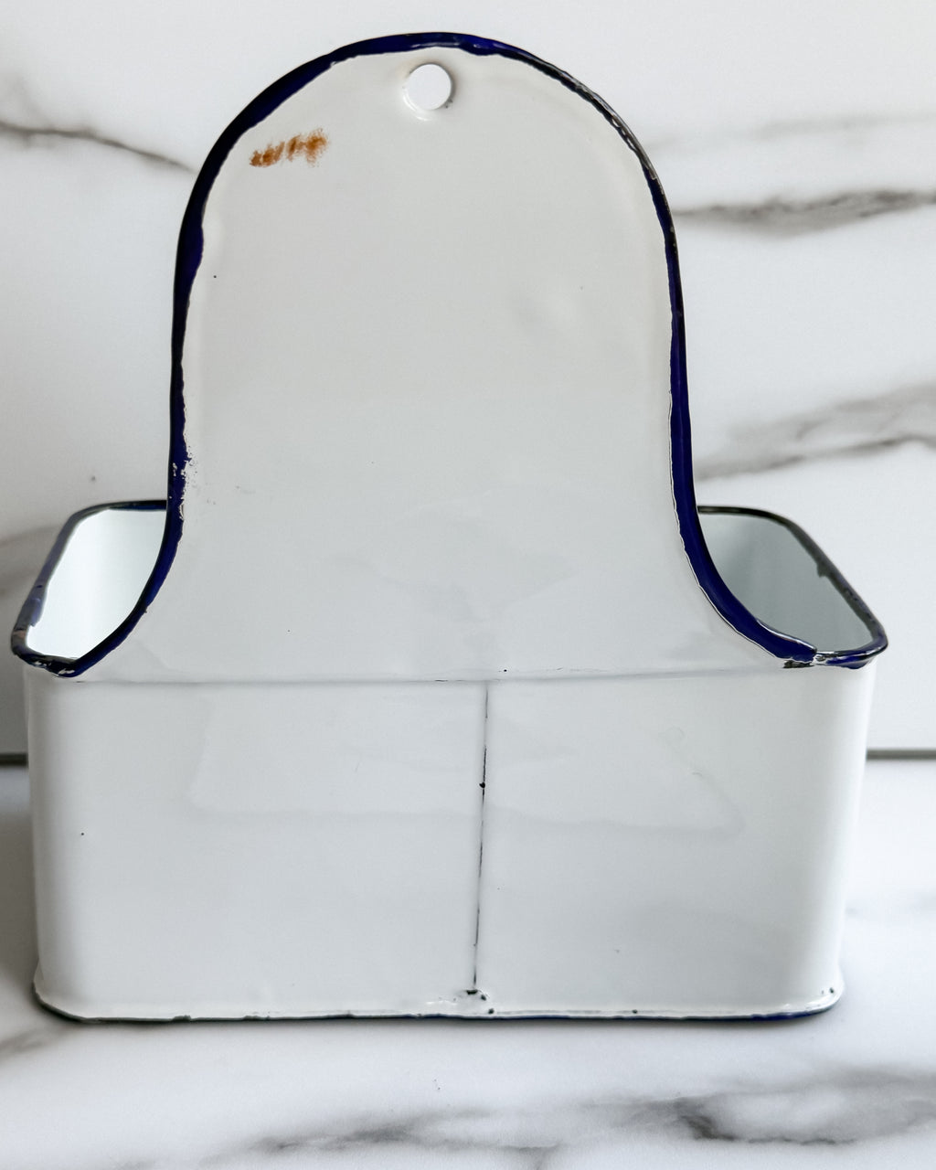 Vintage White Enamelware Wall-Mount Container with Cobalt Blue Trim & Lid