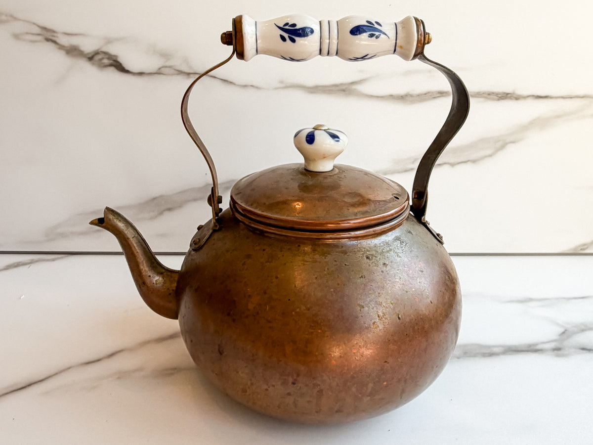 Vintage Copper Tea Kettle with Blue & White Porcelain Handle