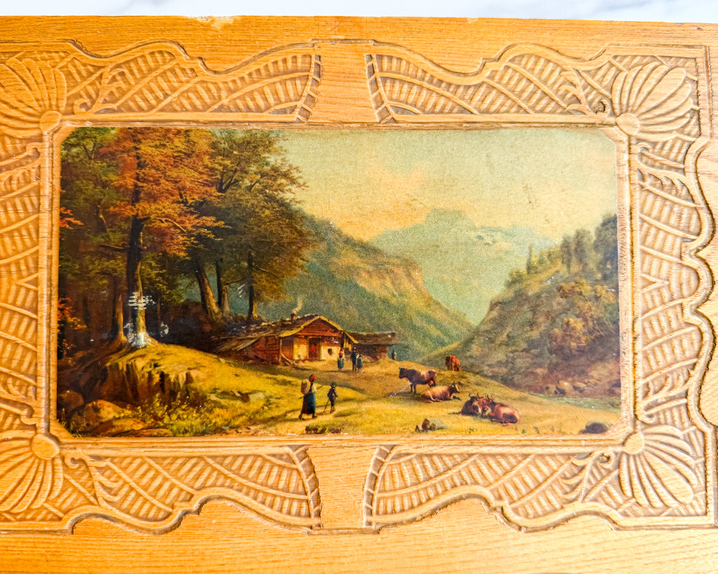 Vintage Carved Wood Jewelry Box with Mirror & Alpine Landscape Vanity Box