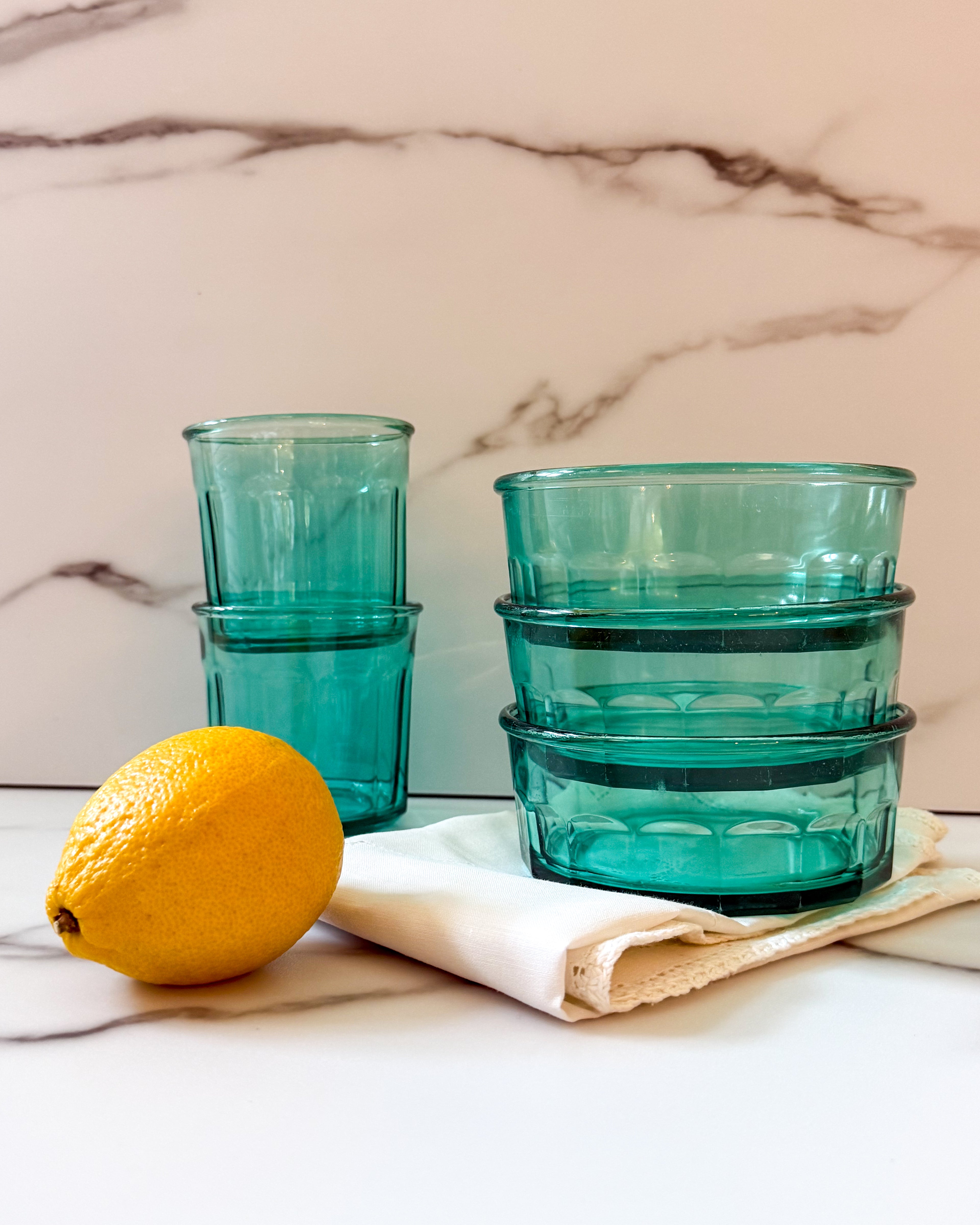 Vintage Arcoroc France Aqua Glass Dessert Bowl & Tumbler Set French Glassware
