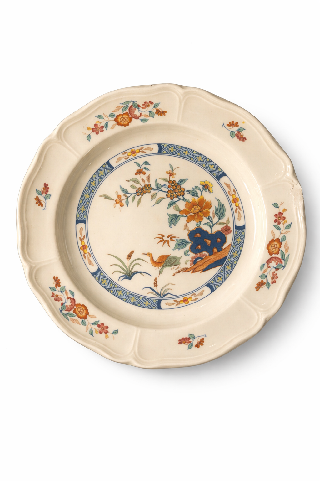 Vintage Wedgwood “Chinese Teal” Scalloped Porcelain Plate – Chinoiserie Bird & Floral
