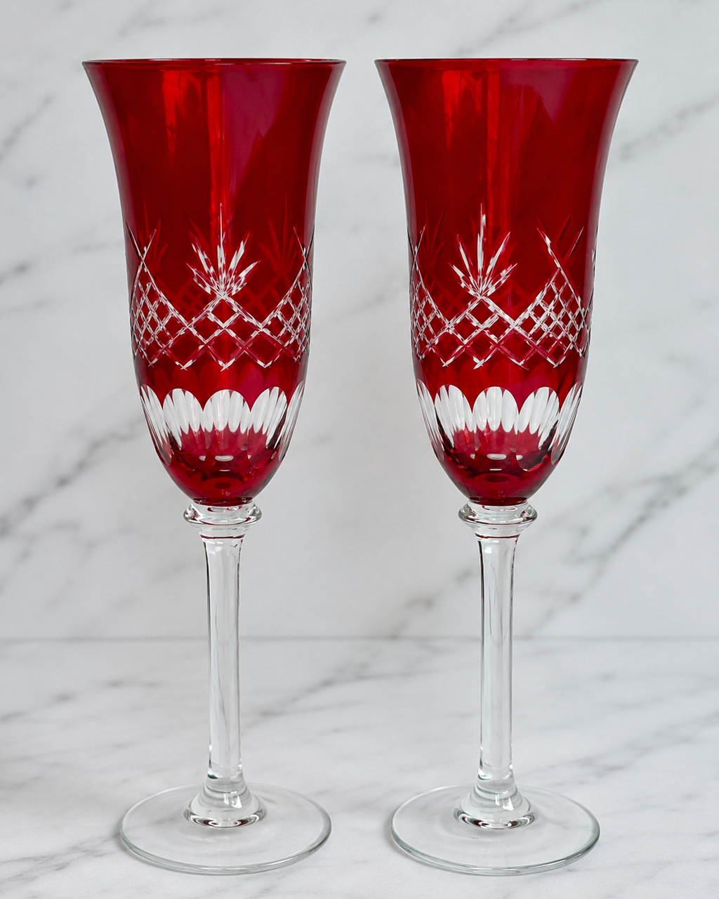 Ruby Red Cut Crystal Champagne Flutes
