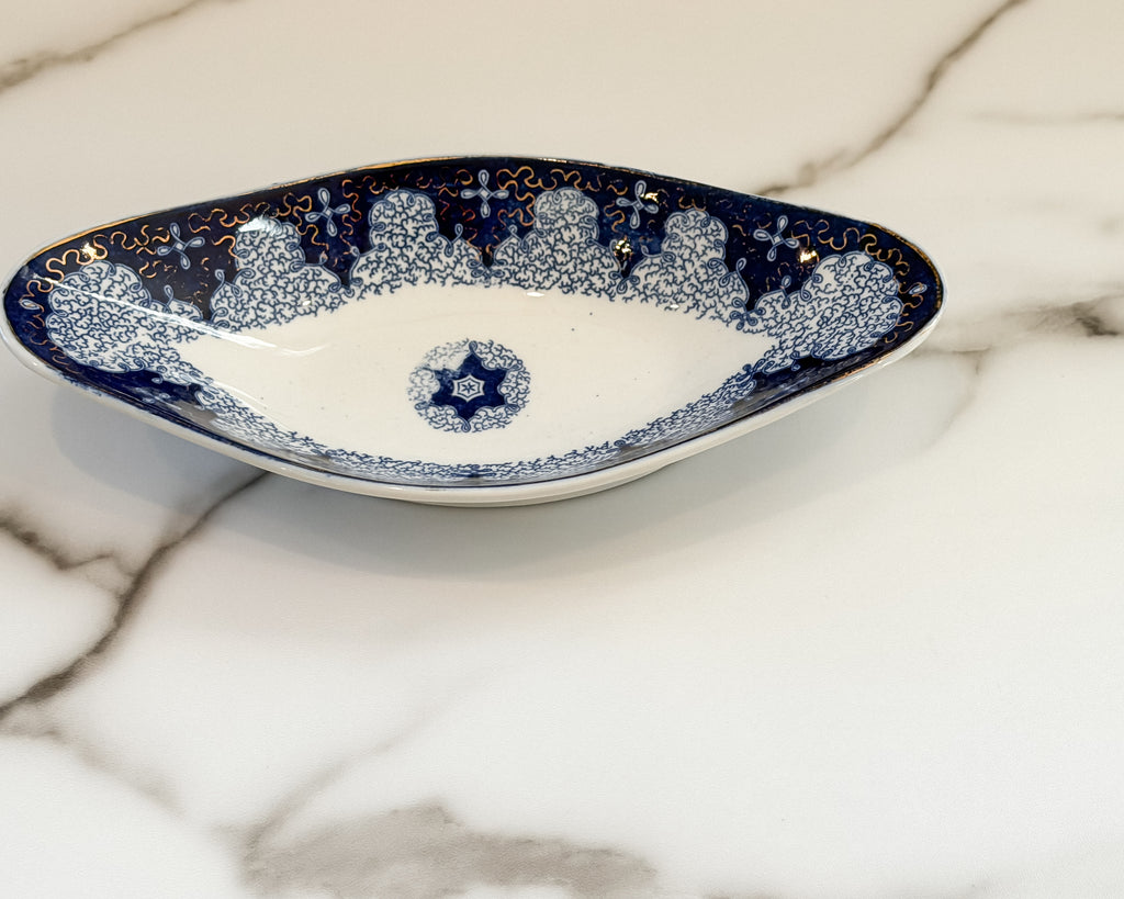 Antique German Flow Blue Persian Moss Serving Dishes with Gold Trim – Blue & White China – Set of 2