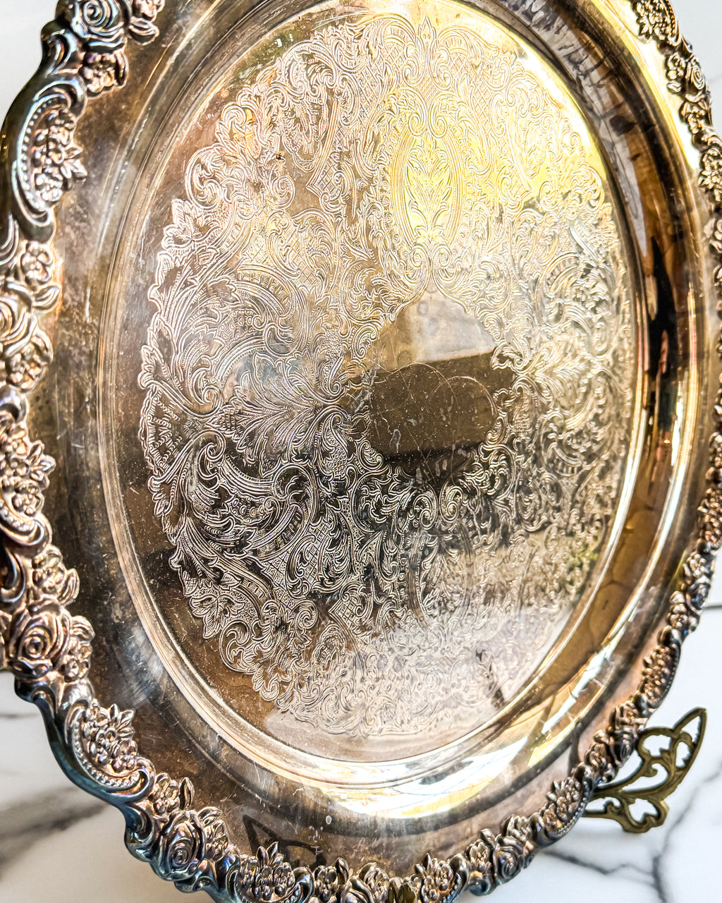 Vintage Oneida Silverplate Round Serving Tray Ornate Floral Engraved Gallery Tray with Handles