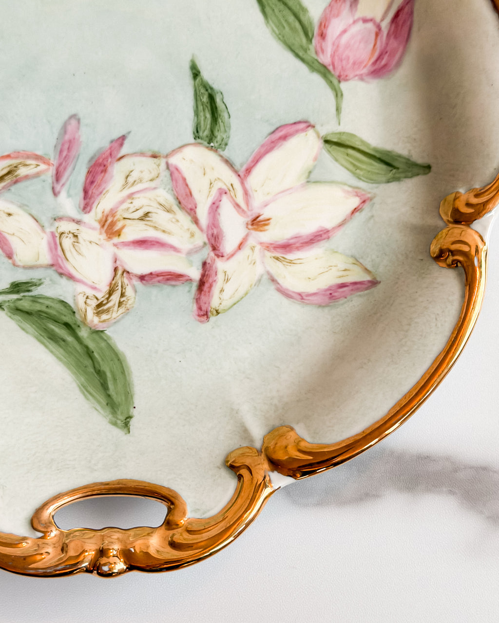 Antique PT Tirschenreuth Bavaria Hand Painted Floral Cake Plate w Gold Handles Made in Germany