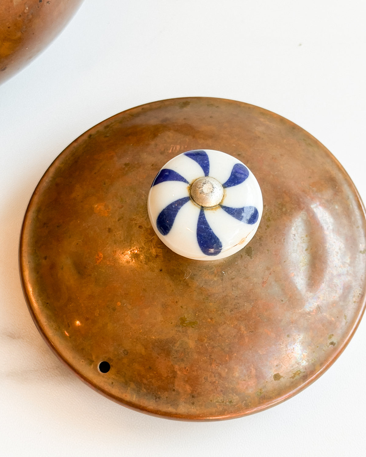 Vintage Copper Tea Kettle with Blue & White Porcelain Handle