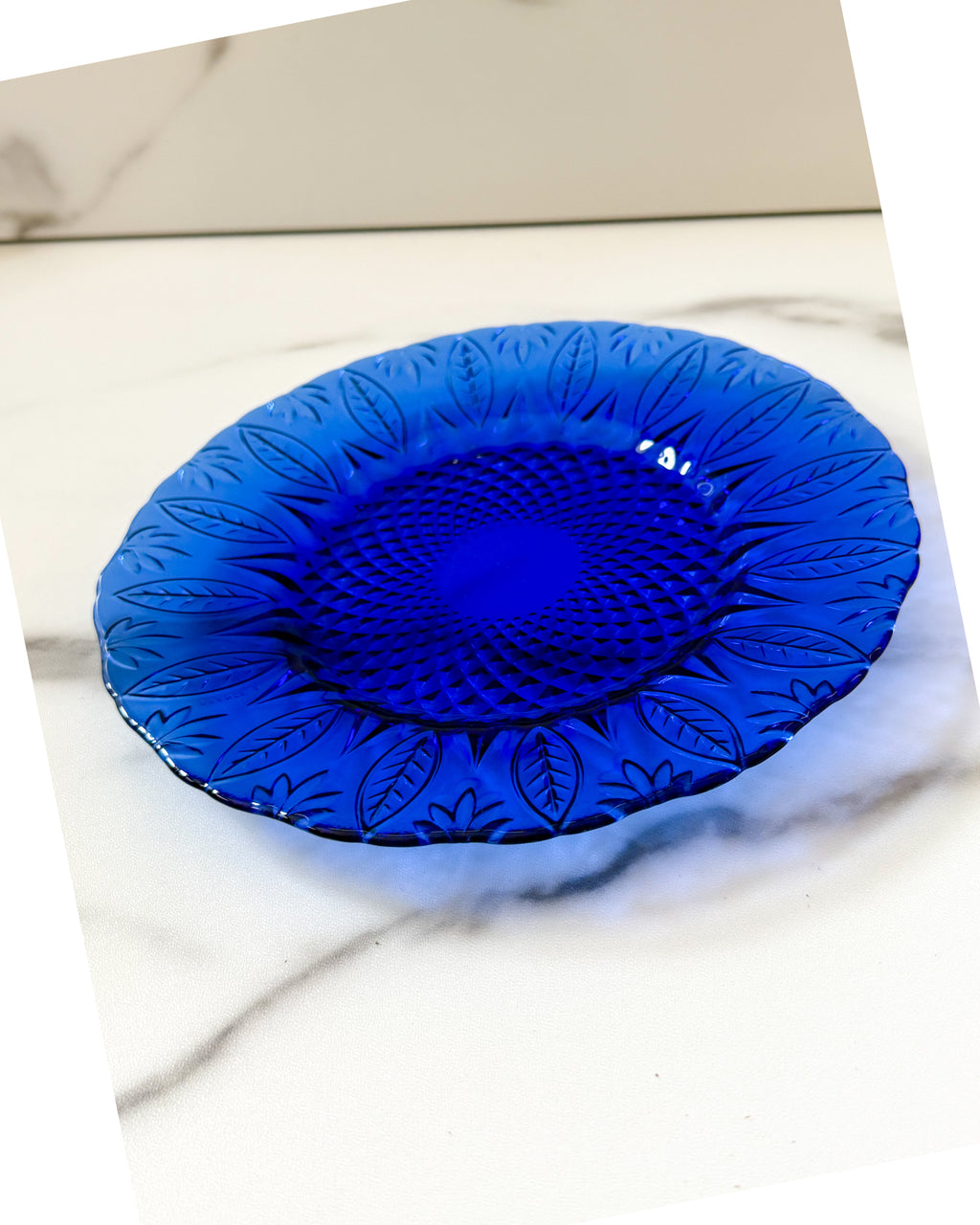 Vintage Avon Royal Sapphire Blue Glass Plate| Leaf Pattern Pressed Glass | Made in France