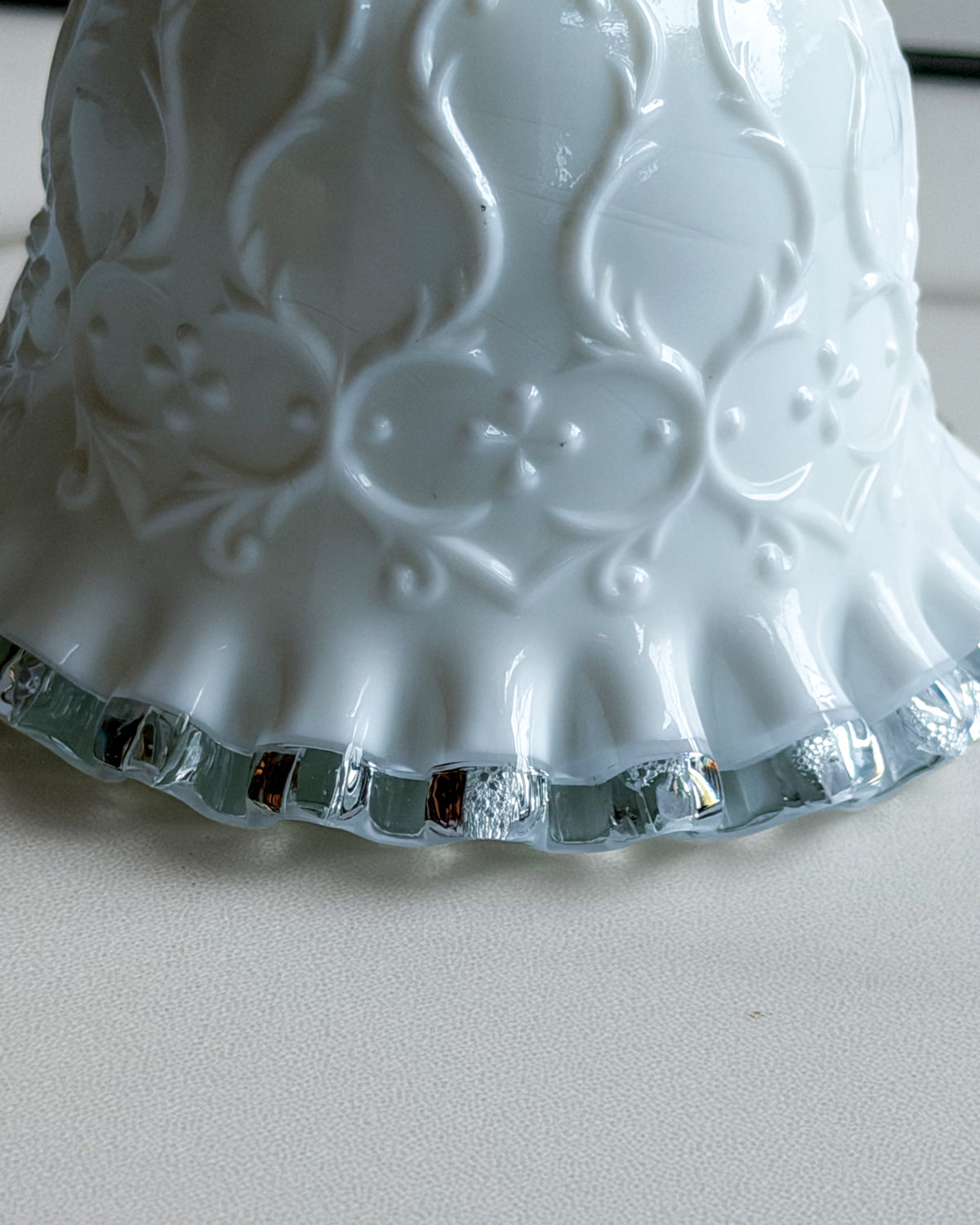 Vintage Fenton Milk Glass Bell White Floral Bell with Clear Crystal Ruffled Edge