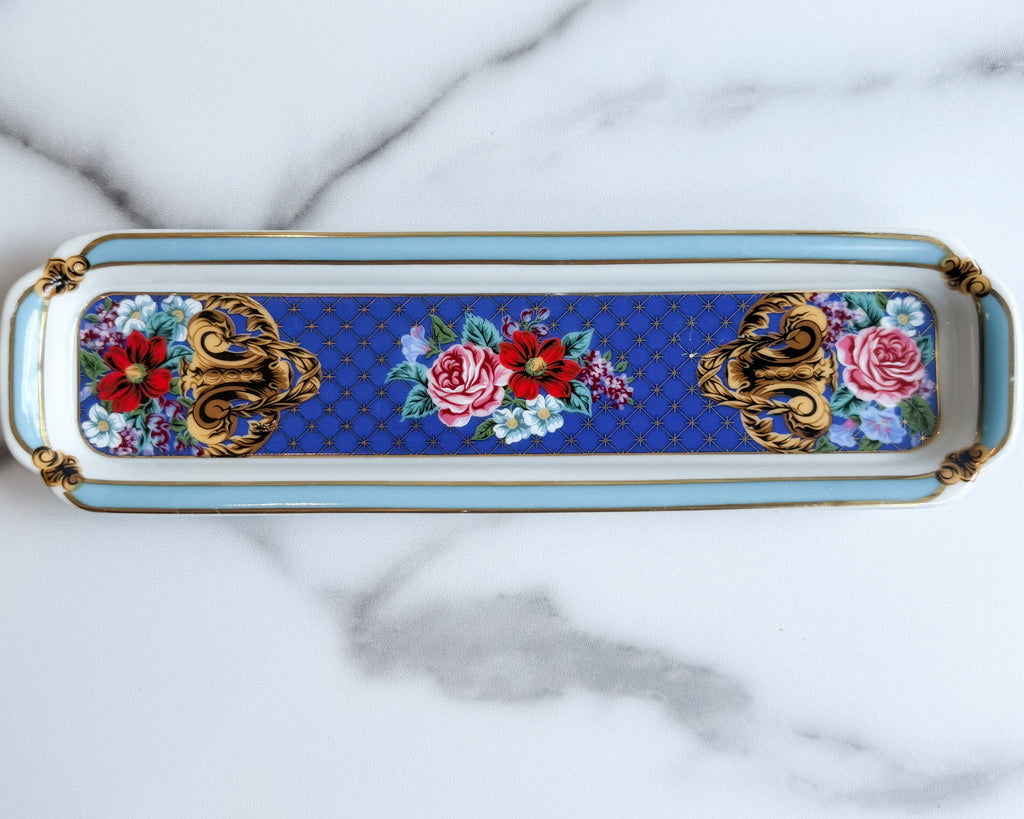 Vintage Neiman Marcus Porcelain Floral Vanity Tray Blue & Gold Trinket Dish