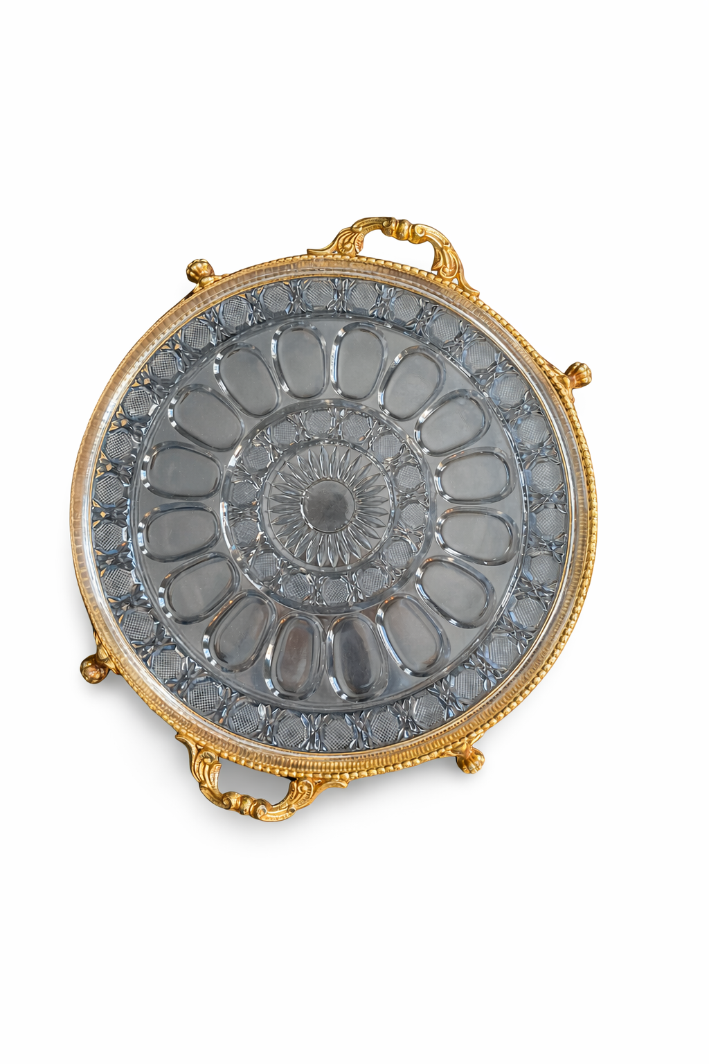 Vintage Cut Glass & Gilded Serving Tray with Ornate Handles