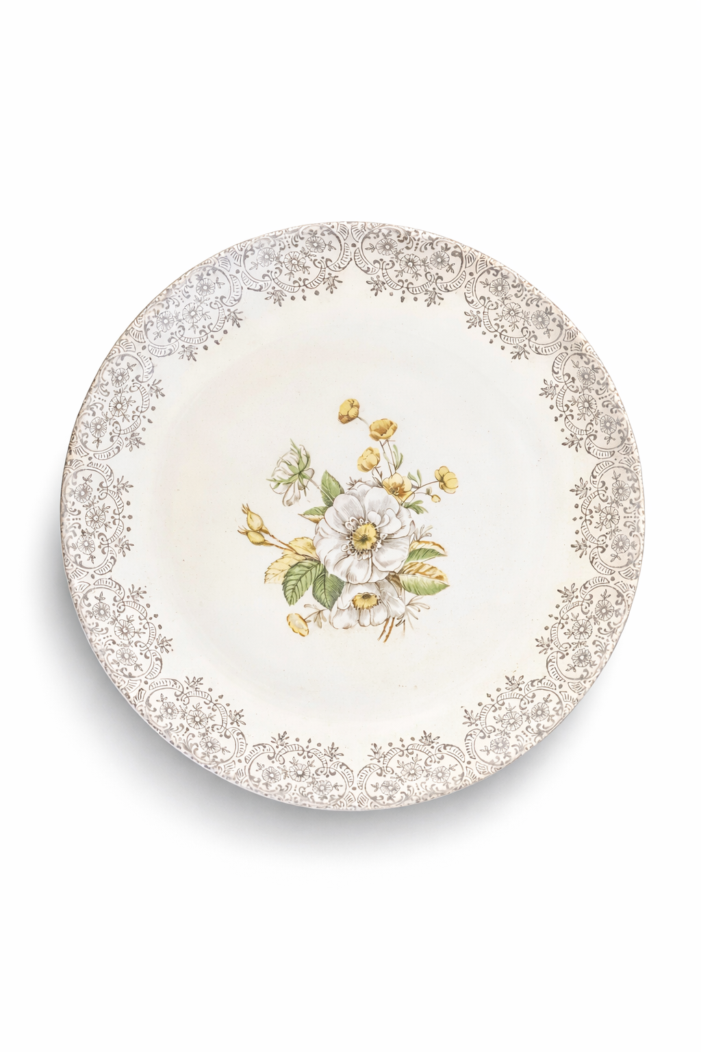 Vintage Floral Porcelain Plate w Yellow and Gold Accents