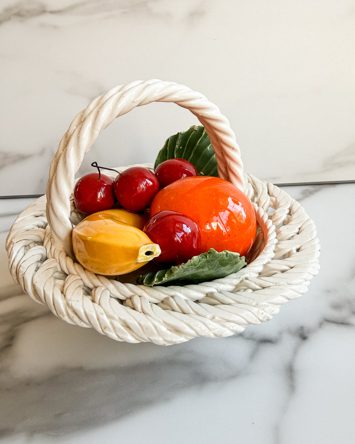 Vintage Italian Ceramic Woven Basket with Faux Fruit Made in Italy Majolica Fruit Centerpiece
