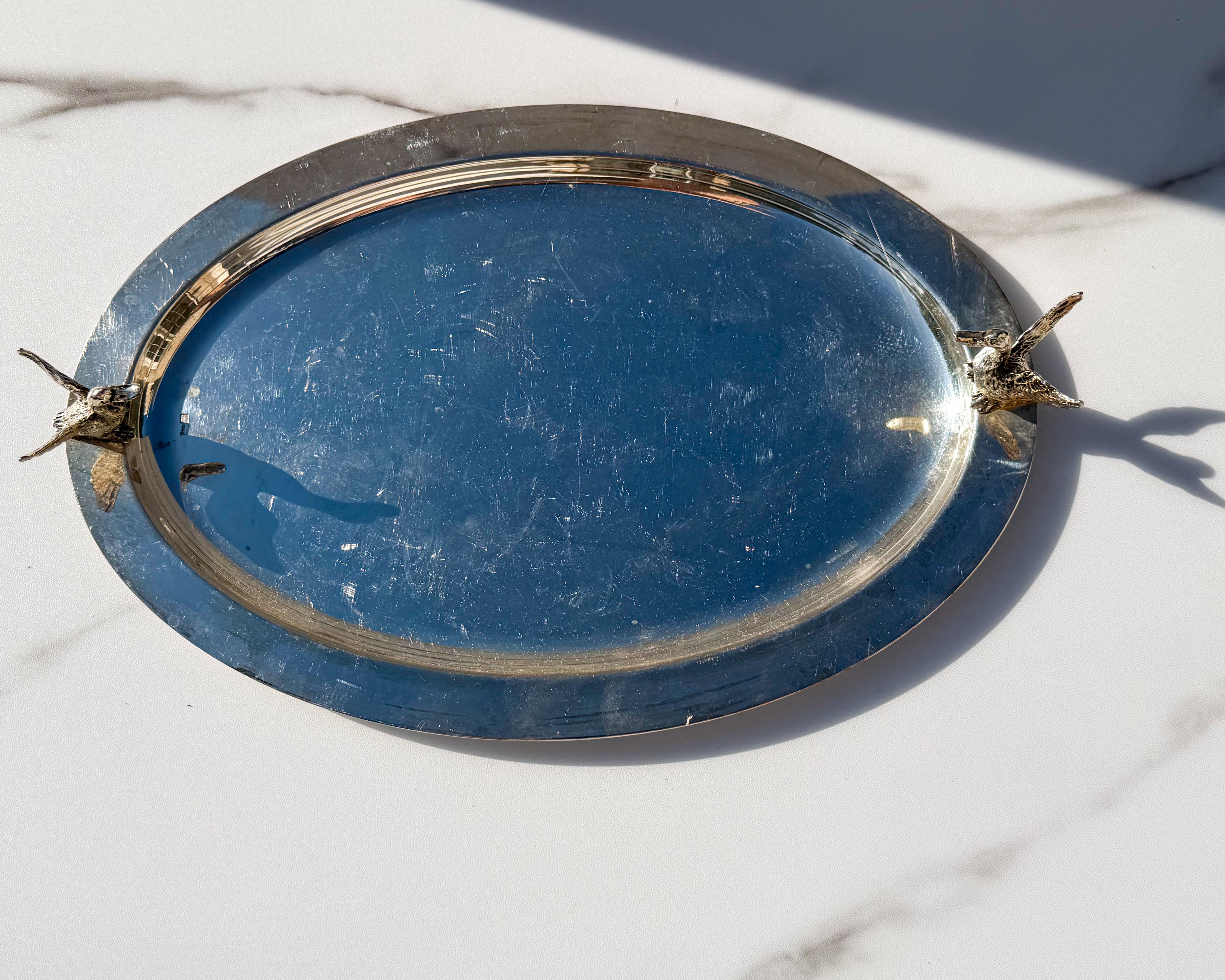 Vintage Silverplate Oval Serving Tray with Duck Handles