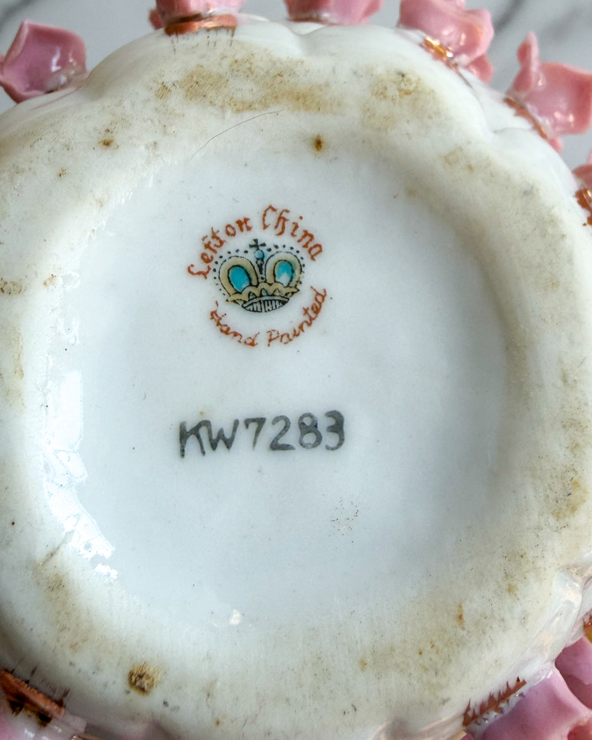 Vintage Lefton China Applied Pink Rosebud Vase Hand Painted Porcelain with Gold Trim KW7283