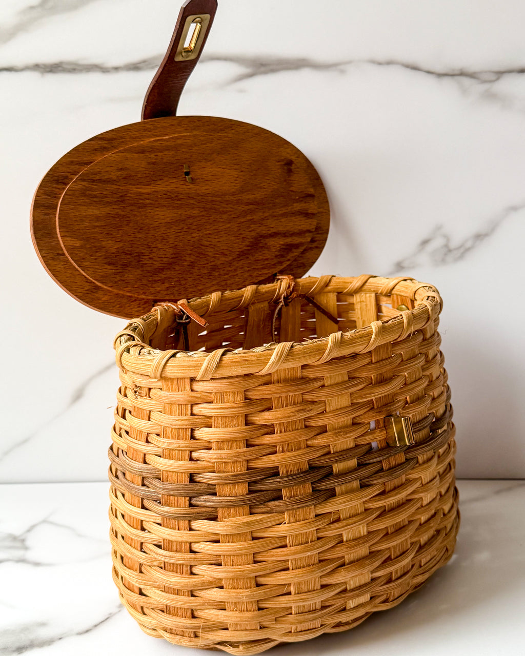 Vintage Woven Wicker Basket with Wooden Lid