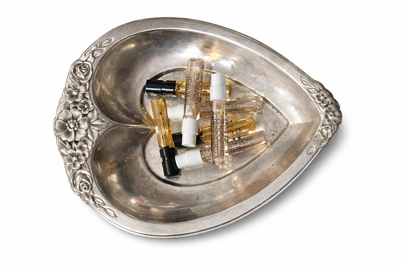 Vintage Silver Heart Dish with Floral Rim
