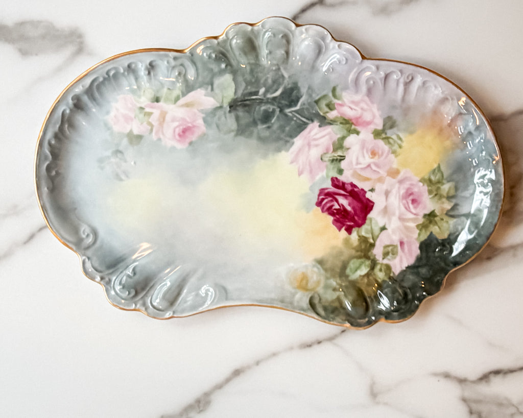 Antique W.G. & Co. Limoges France Hand Painted Rose Serving Platter Gold Trim