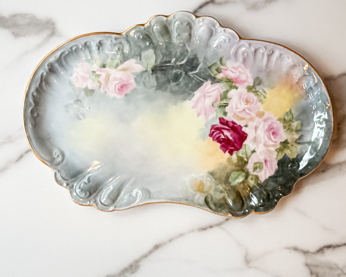 Antique W.G. & Co. Limoges France Hand Painted Rose Serving Platter Gold Trim