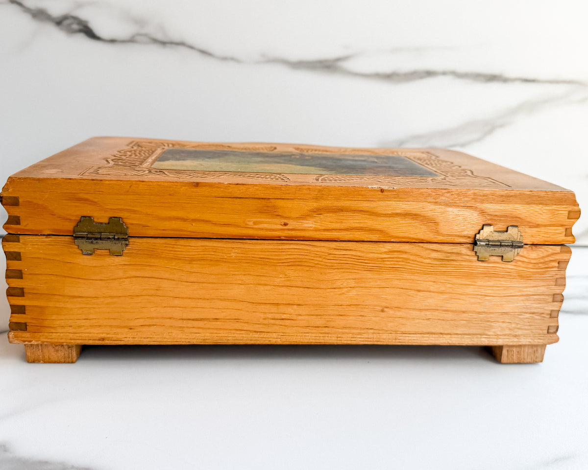 Vintage Carved Wood Jewelry Box with Mirror & Alpine Landscape Vanity Box