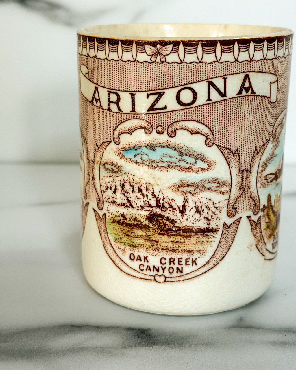 Vintage Arizona Souvenir Mug Brown Transferware Ceramic Coffee Cup Oak Creek Canyon Saguaro Cactus 4”