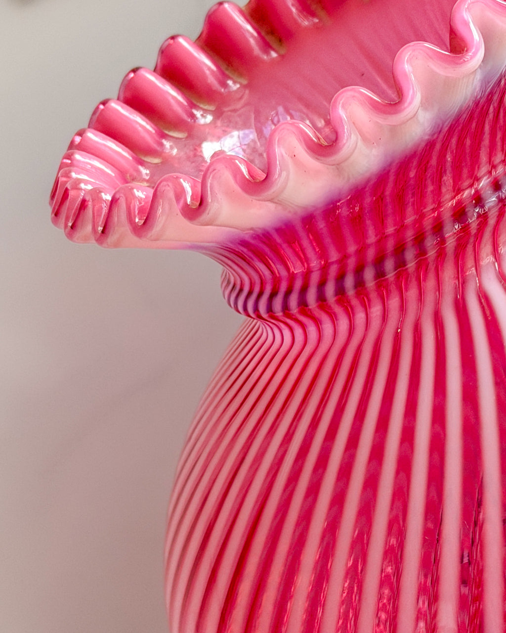 Fenton Cranberry Opal Spiral Optic 1950s Lamp Shade Style Vase