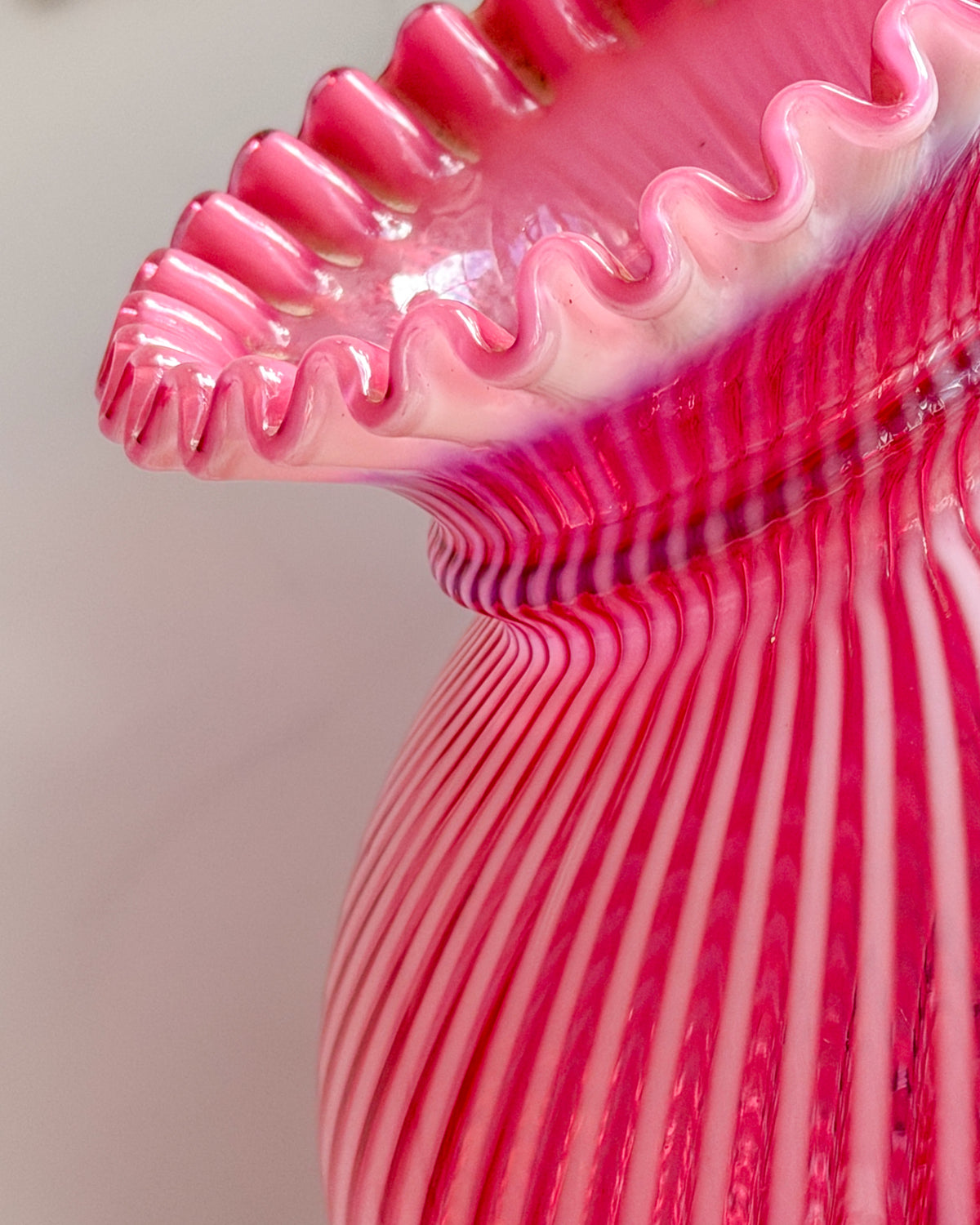 Fenton Cranberry Opal Spiral Optic 1950s Lamp Shade Style Vase