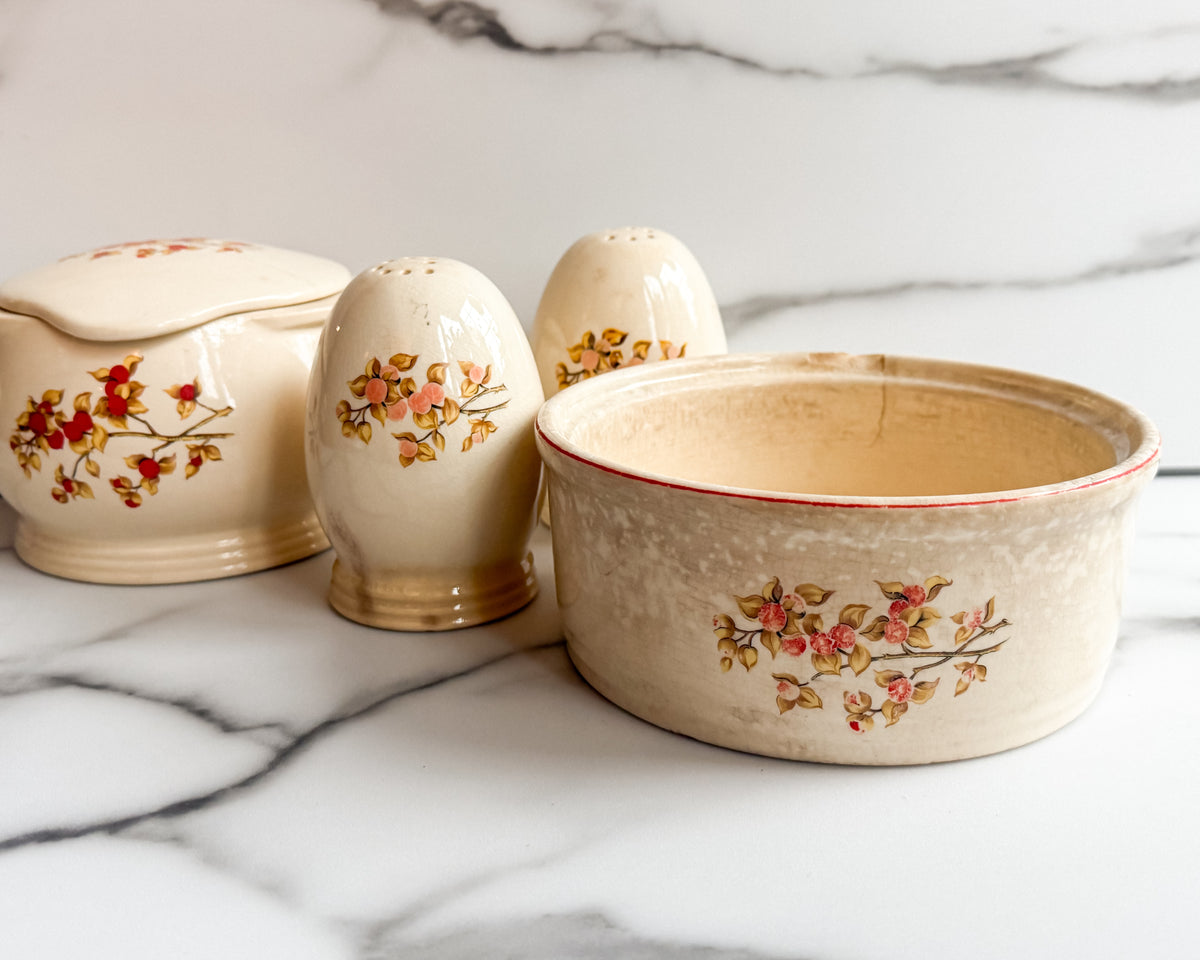 Antique Universal Cambridge Oven Proof Fruit & Blossom Pottery Set