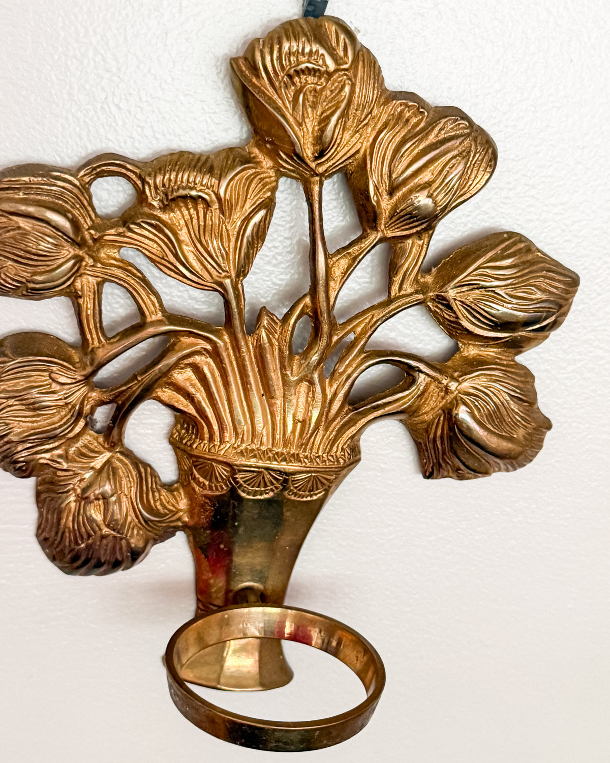 Vintage Brass Floral Wall Vase with Cut Crystal Glass Bud Vase Insert Ornate Botanical Wall Pocket
