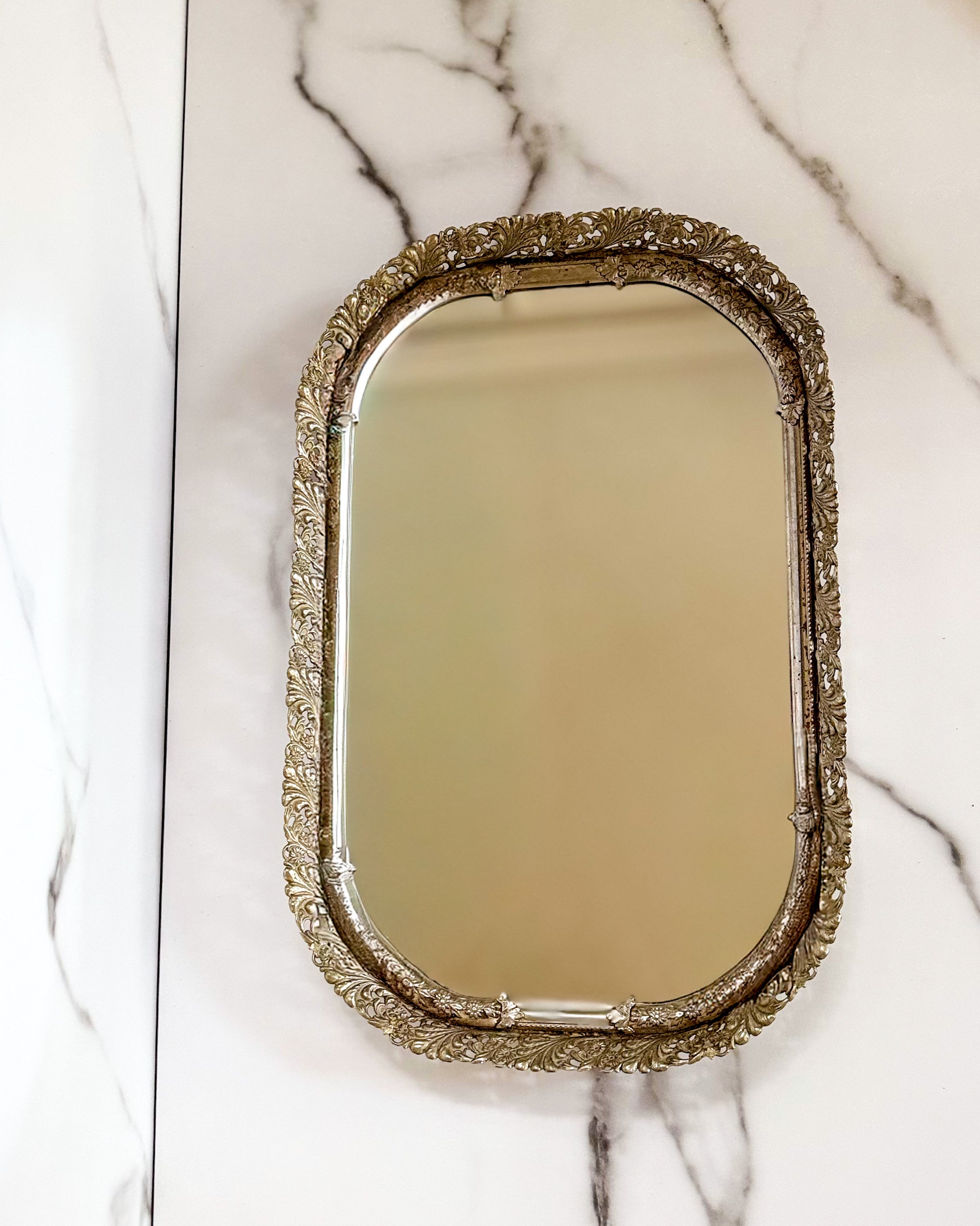 Vintage Hollywood Regency Vanity Mirror Tray Ornate Floral Filigree Dresser Mirror Silver Tone 17.25” x 11.5”