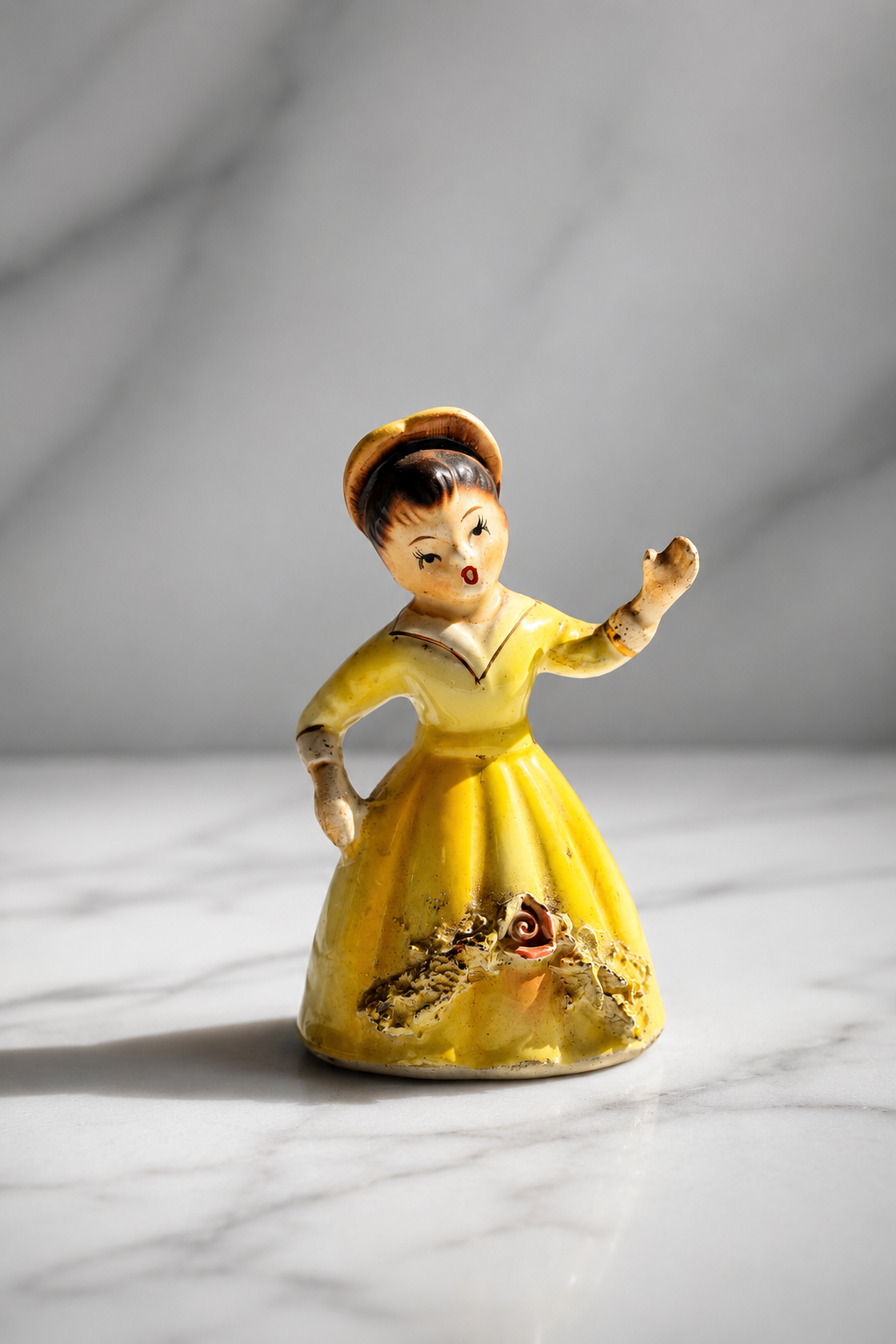 Vintage Made in Japan Little Porcelain Girl Figurine in Yellow Dress with Spaghetti Lace