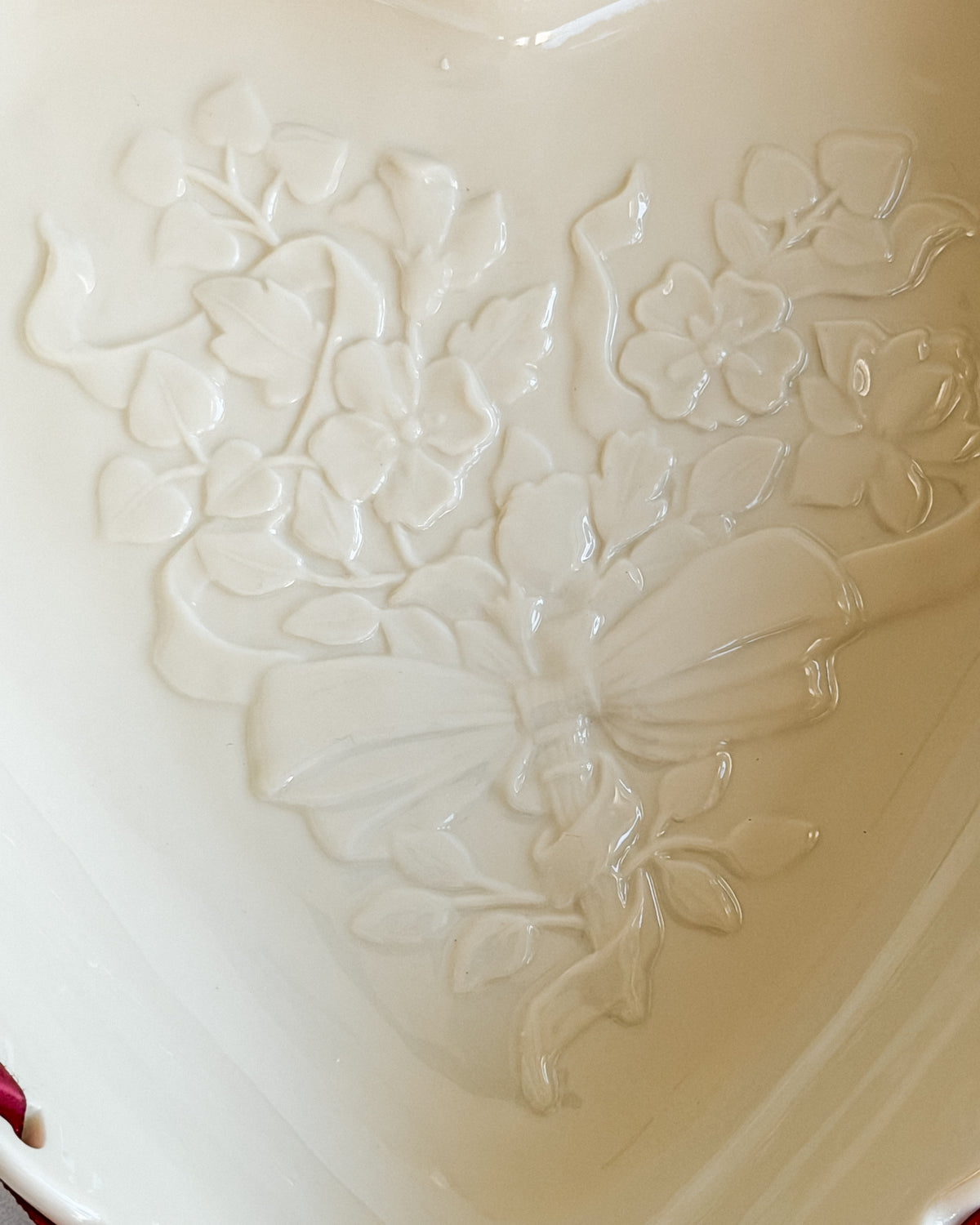 Longaberger Ivory Heart-Shaped Pottery Bowl Embossed Floral Design with Burgundy Ribbon