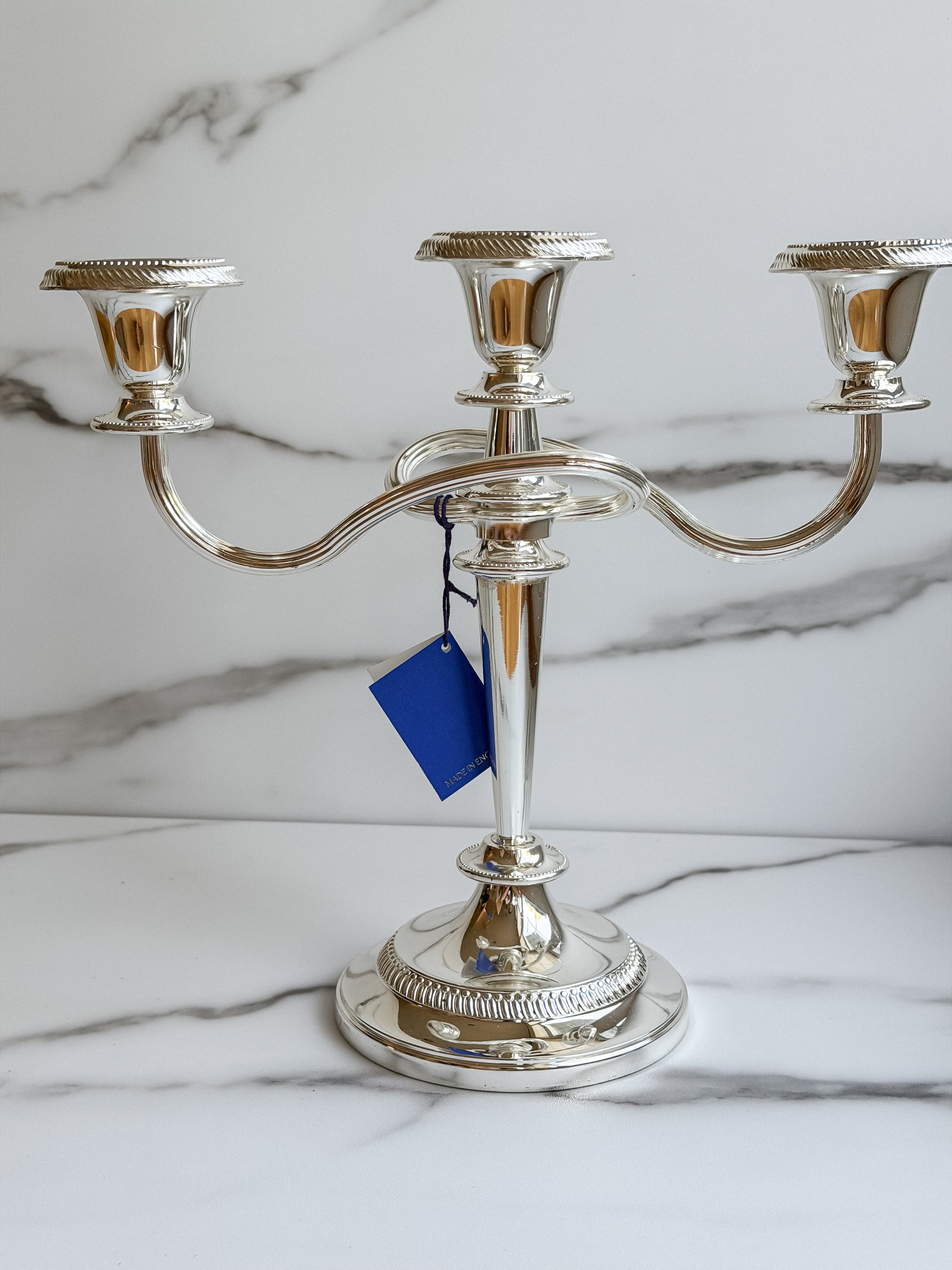 Vintage Silver-Plated Three-Arm Candelabra Made in England