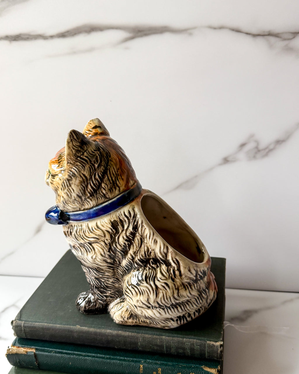Vintage MCM Ceramic Cat Planter with Blue Bow Tie Made in Japan, 6.5”