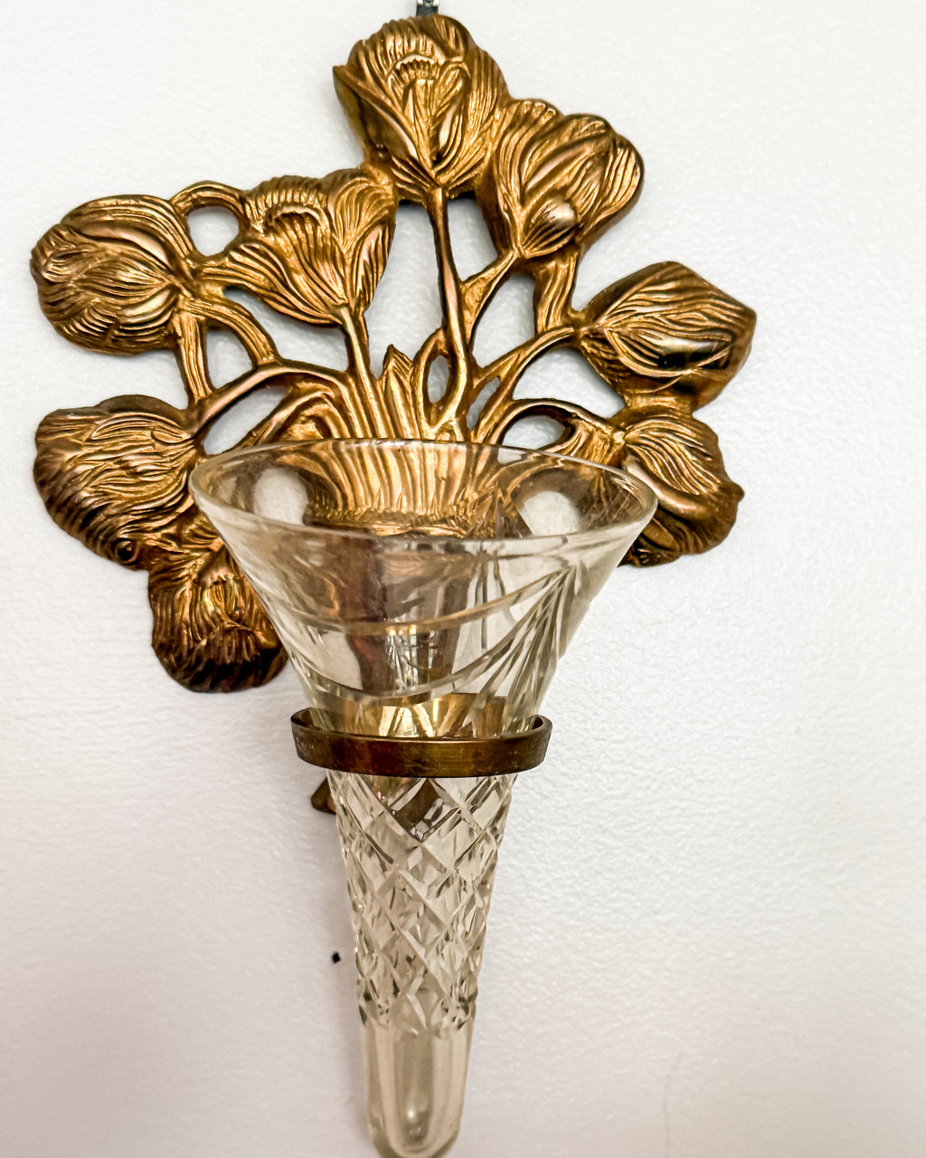 Vintage Brass Floral Wall Vase with Cut Crystal Glass Bud Vase Insert Ornate Botanical Wall Pocket