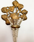 Vintage Brass Floral Wall Vase with Cut Crystal Glass Bud Vase Insert Ornate Botanical Wall Pocket