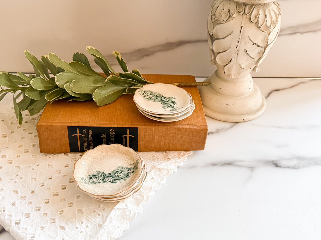 Antique Green Floral Butter Pats Set of 7 Scalloped Gold Trim Mini Dishes, 3”