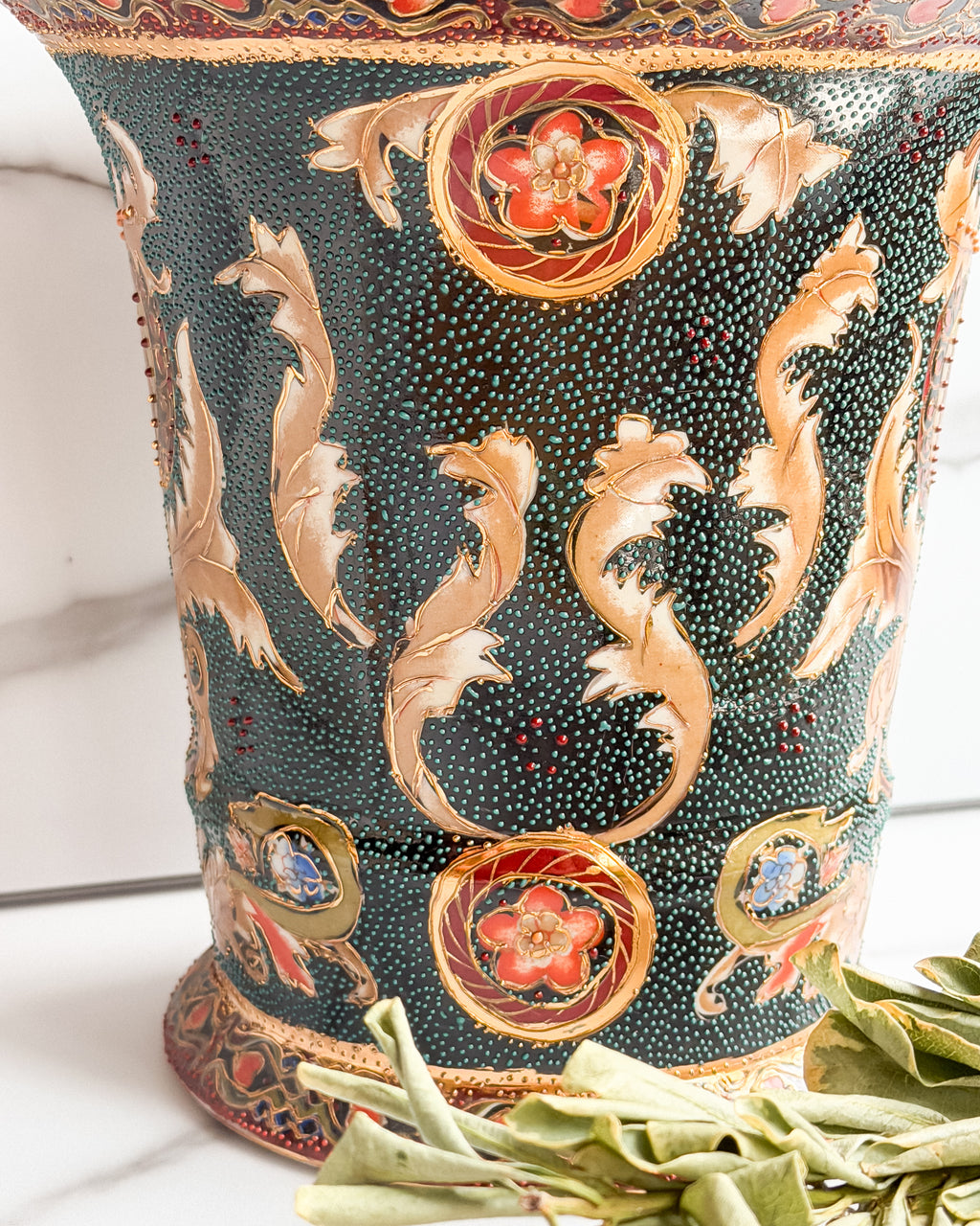Vintage Japanese Moriage Vase Urn Raised Enamel Floral Design Green, Rust & Gold Large Decorative Vase