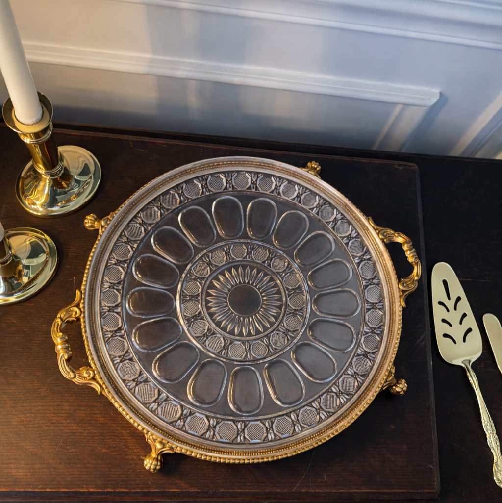 Vintage Cut Glass & Gilded Serving Tray with Ornate Handles