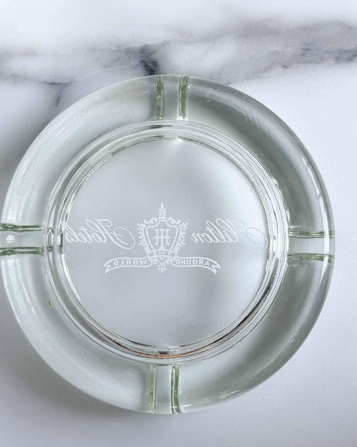 Vintage Hilton Hotels “Around the World” Glass Ashtray 4.5” Hotel Advertising