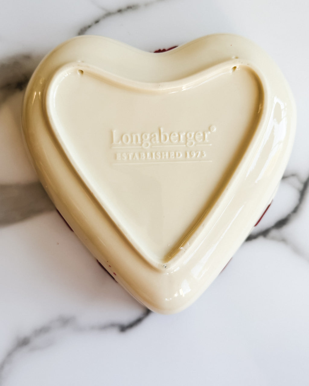 Longaberger Ivory Heart-Shaped Pottery Bowl Embossed Floral Design with Burgundy Ribbon