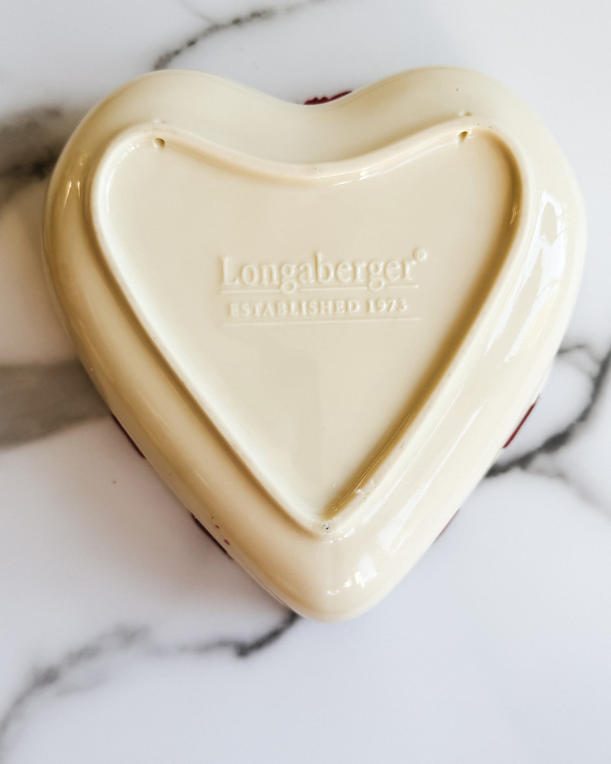 Longaberger Ivory Heart-Shaped Pottery Bowl Embossed Floral Design with Burgundy Ribbon