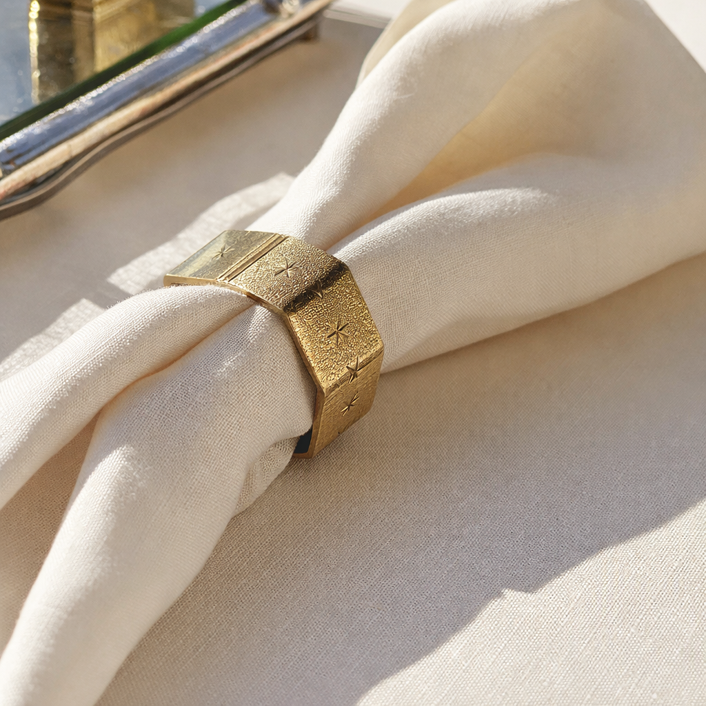 Mid-Century Hexagonal Brass Napkin Rings with Starburst Engraving – Set of 6