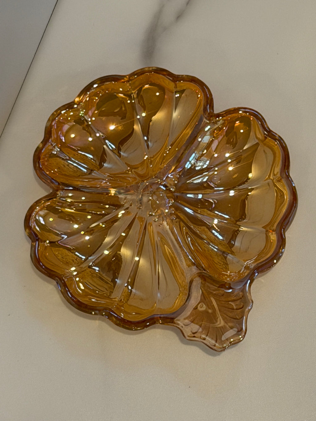 Jeanette Marigold Carnival Glass Clover Trinket Dish Iridescent Flower Shaped Jewelry Dish