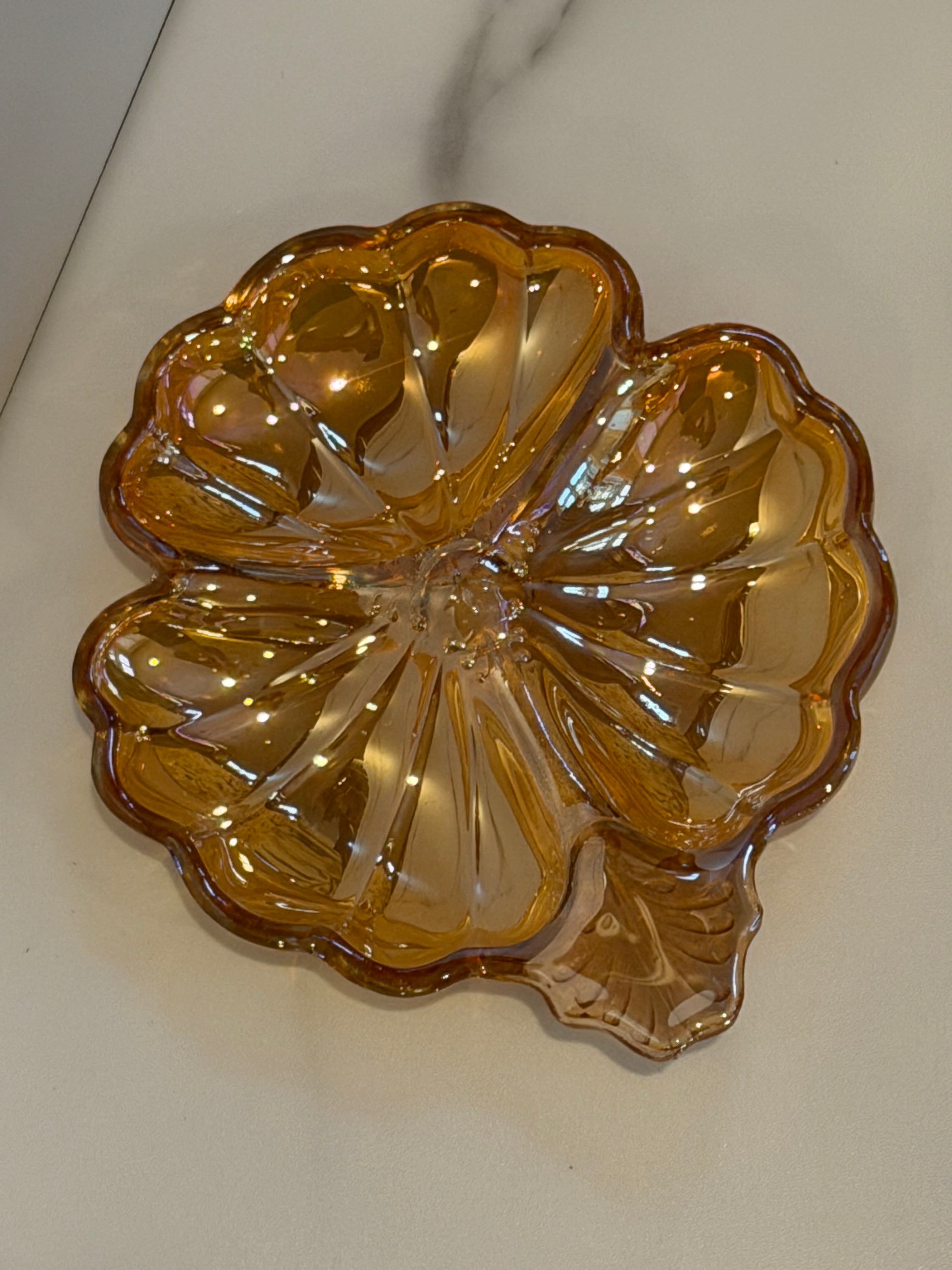 Jeanette Marigold Carnival Glass Clover Trinket Dish Iridescent Flower Shaped Jewelry Dish