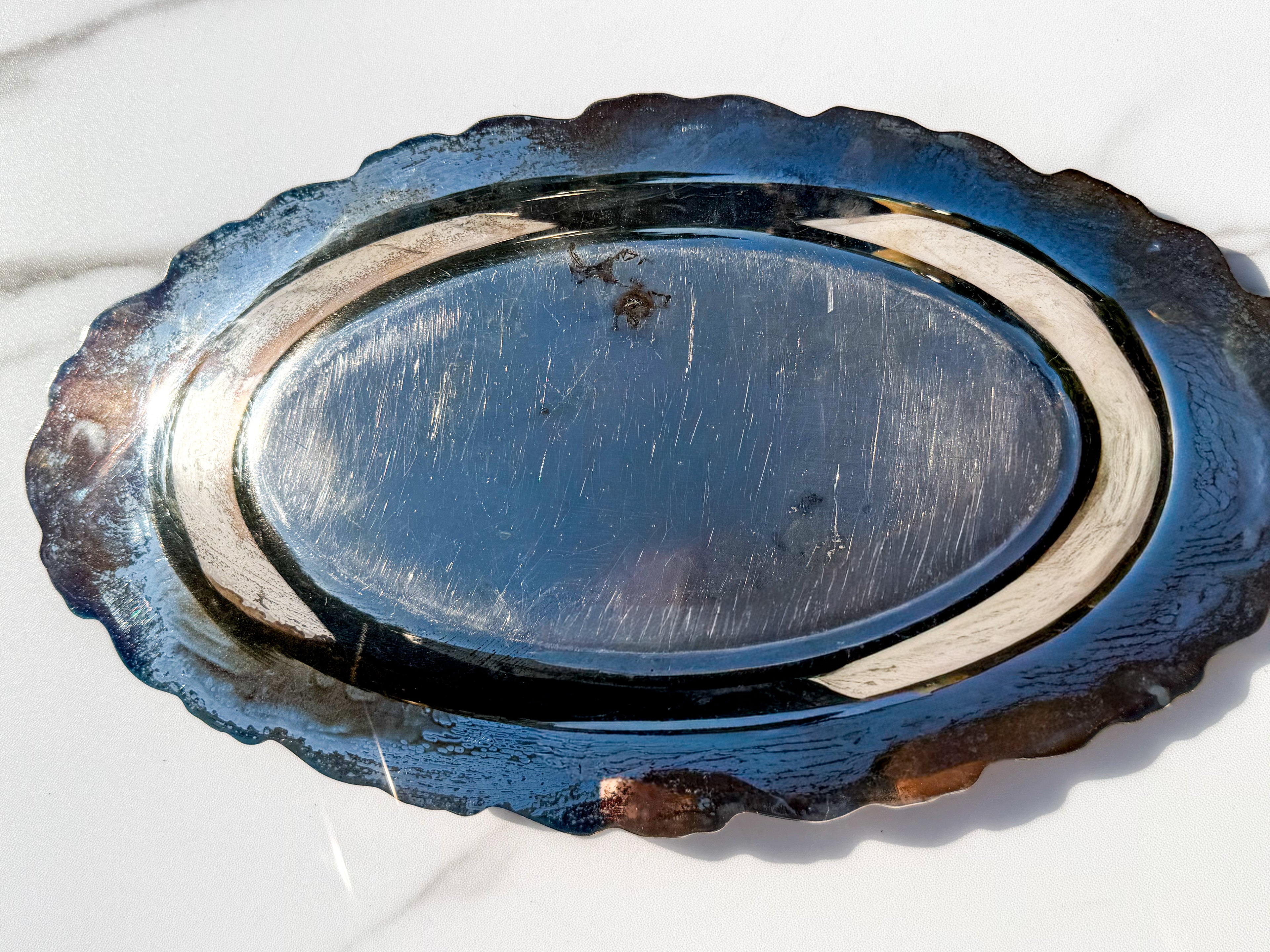 Vintage Silverplate Oval Serving Tray Ornate Scroll Edge 14”