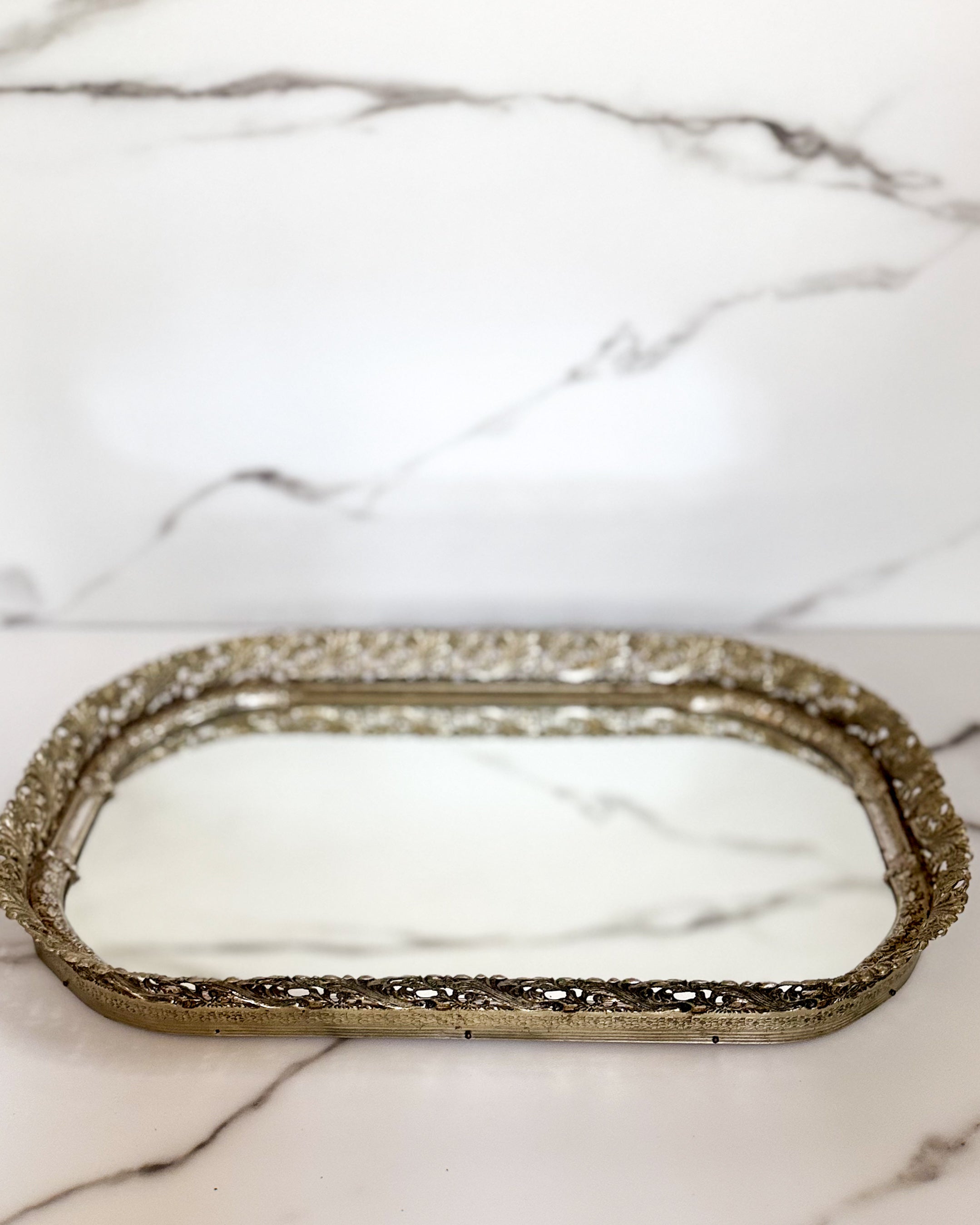 Vintage Hollywood Regency Vanity Mirror Tray Ornate Floral Filigree Dresser Mirror Silver Tone 17.25” x 11.5”