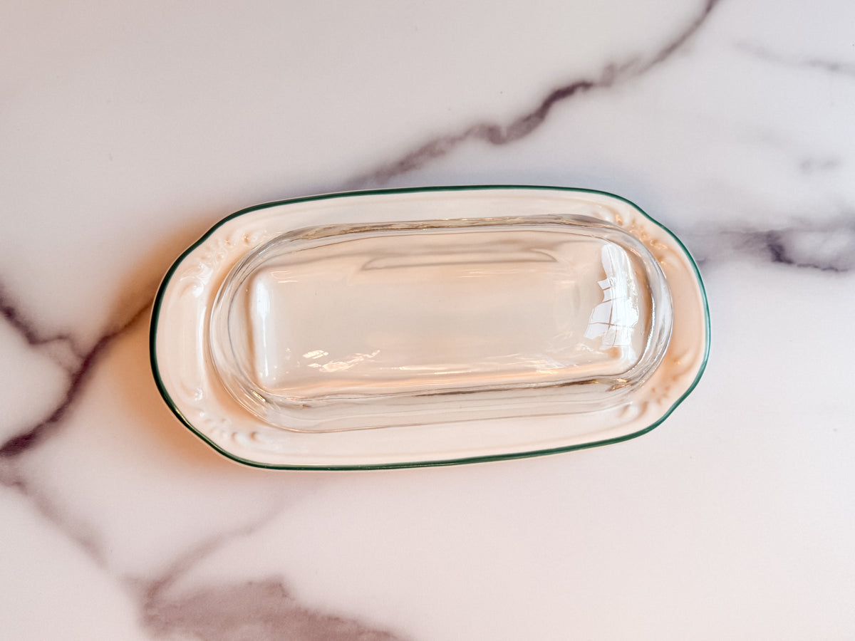 Vintage Pfaltzgraff Butter Dish with Clear Glass Dome Green Trim