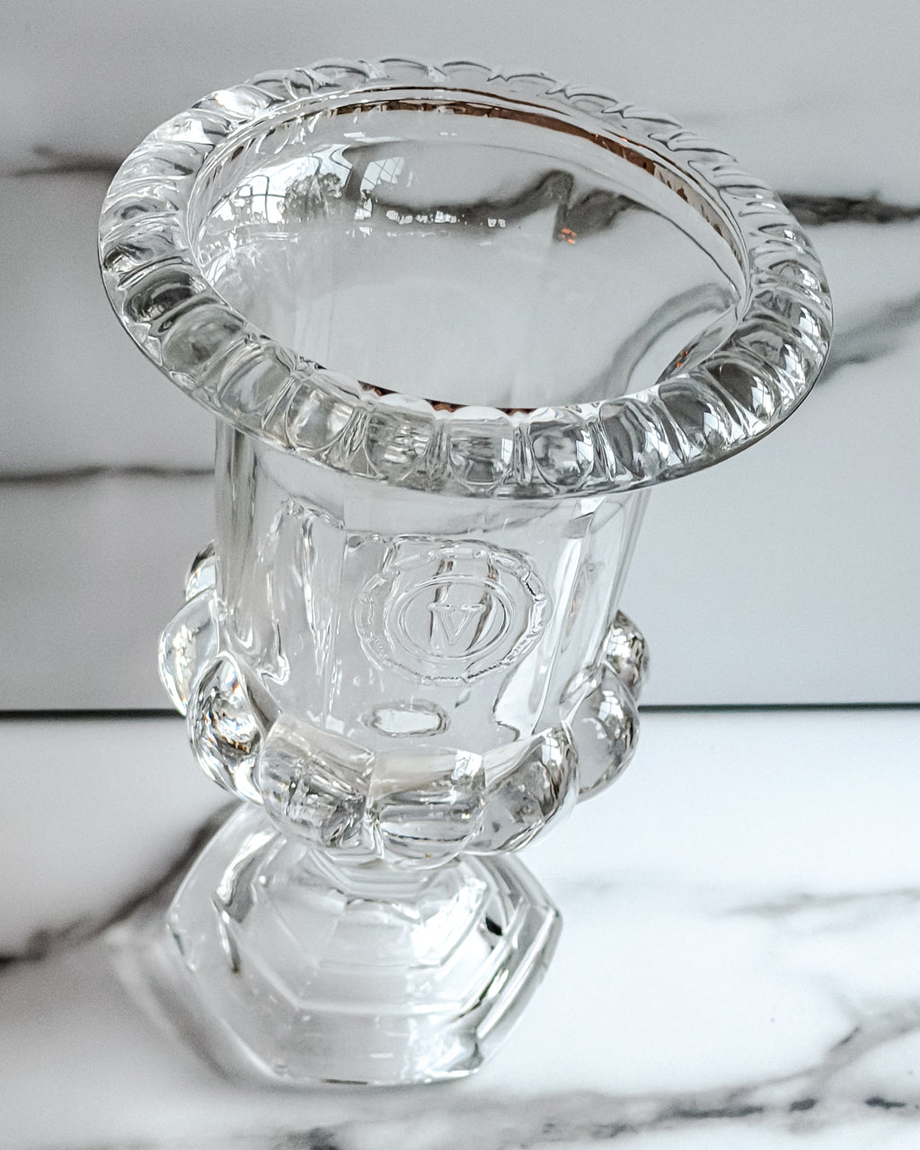Vintage Val Saint Lambert Belgium Lead Crystal Centerpiece Urn Vase Scalloped Rim
