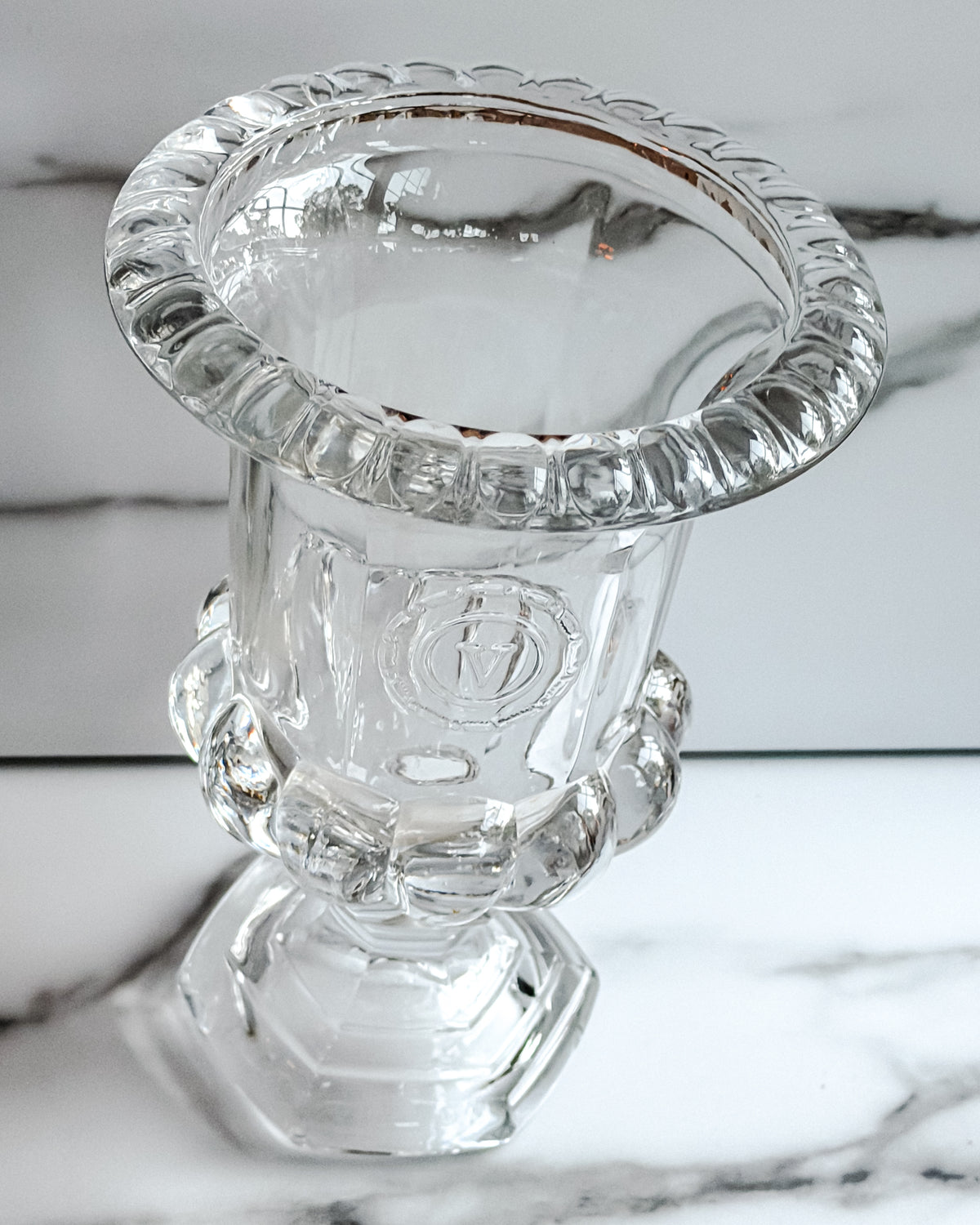 Vintage Val Saint Lambert Belgium Lead Crystal Centerpiece Urn Vase Scalloped Rim