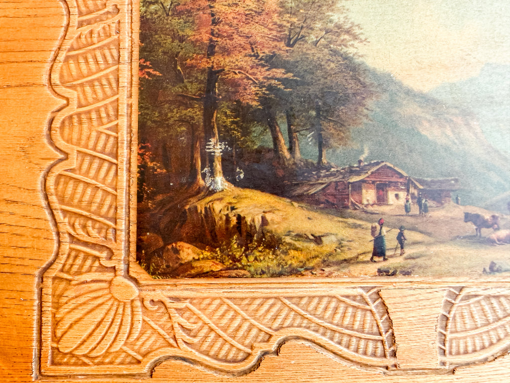 Vintage Carved Wood Jewelry Box with Mirror & Alpine Landscape Vanity Box